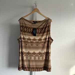 Lauren Ralph Lauren Womens Aztec Print Silk Sleeveless Drape Neck Tank Top Sz 3X